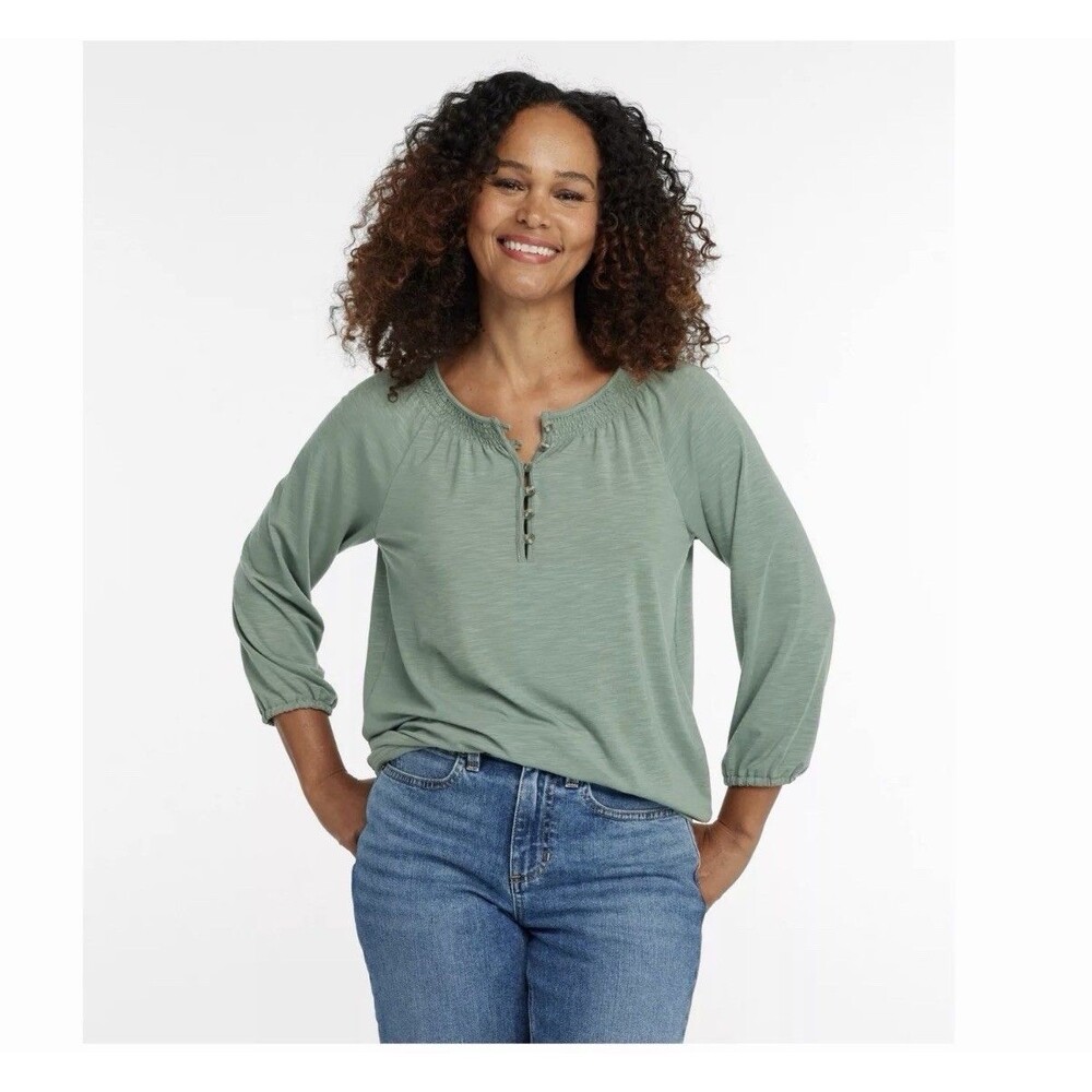 LL Bean Women's Camden Hills Tee, Three-Quarter-Sleeve Sea Green 1x Plus Henley